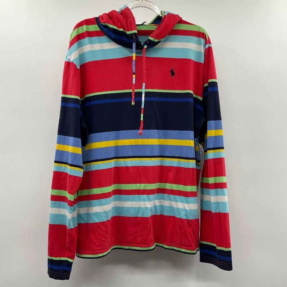 Polo Ralph Lauren Hooded Shirt Men L Stripe Skater Grungecore Preppy Y2K Hip Hop